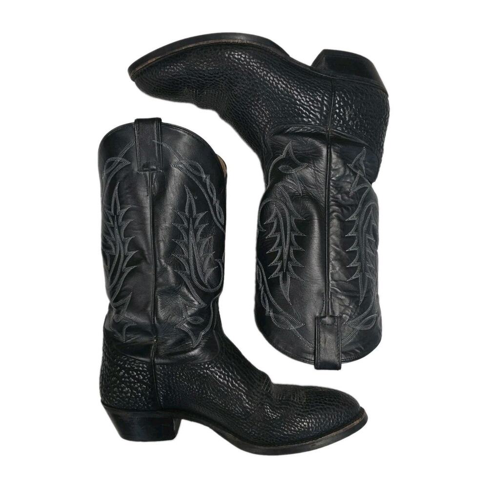 VTG Tony Lama Cowboy Boots Mens 12 EE Wide Black Bullhide Leather 82870 Western